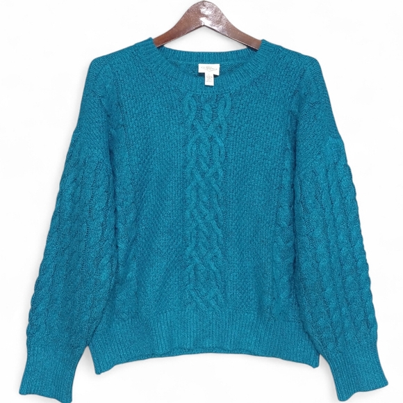 NWT St. John’s Bay Teal Cable Knit Pullover XL Cozy Soft Stretch Winter Sweater - Picture 2 of 13